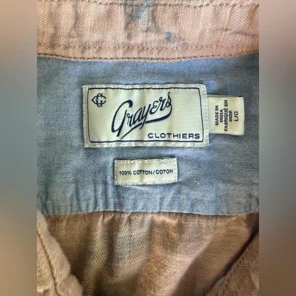 EUC Grayers Bird Print Linen-Blend Shirt Peach Tan Casual Short Sleeve L Soft - Picture 2 of 8